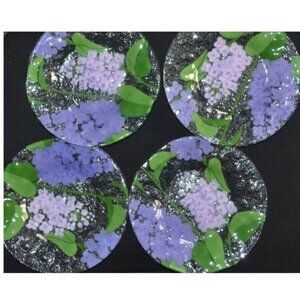 A C Ross Fused Glass Snack Plates Set of 4 Lilac and Hyacinth Floral Design